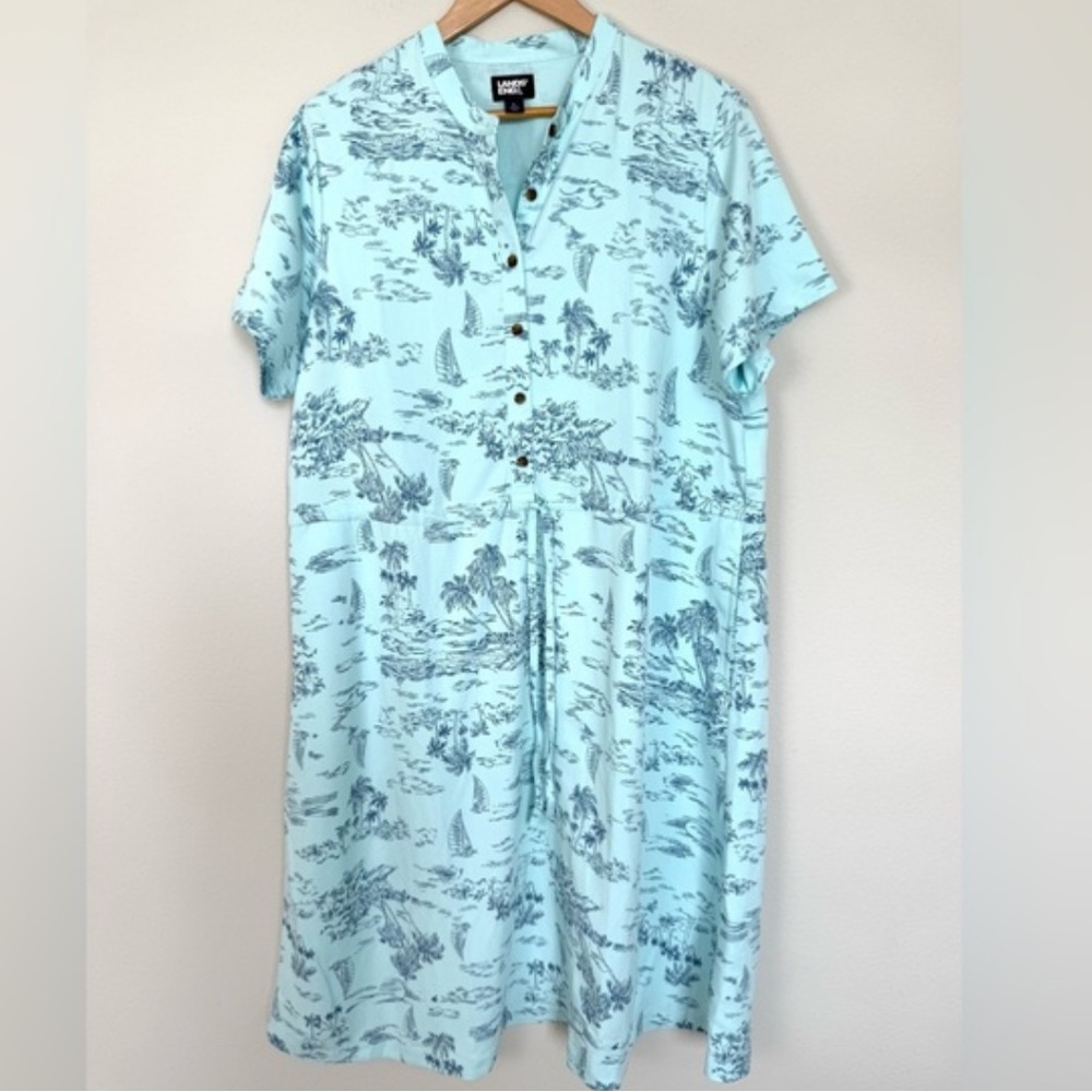 Lands' End Aqua blue short sleeve Button-Up Dress pockets Tropical Island resort